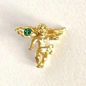 Guardian Angel Gold Tone Scatter Pin with Green Crystal Lapel Hat 1/2in Tall